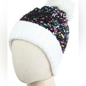 Winter White Sparkly Beanie with Faux Fur Pompom